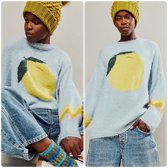 Free People Sweaters - New! Free People Just Peachy Light Blue Lemon Fuzzy Eyelash Sweater 🍋 Medium NWT